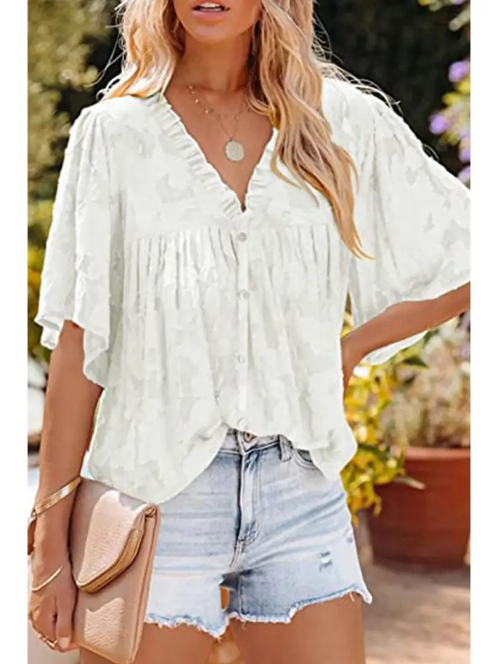 Women's White Button-Front Ruffle V-Neck Top